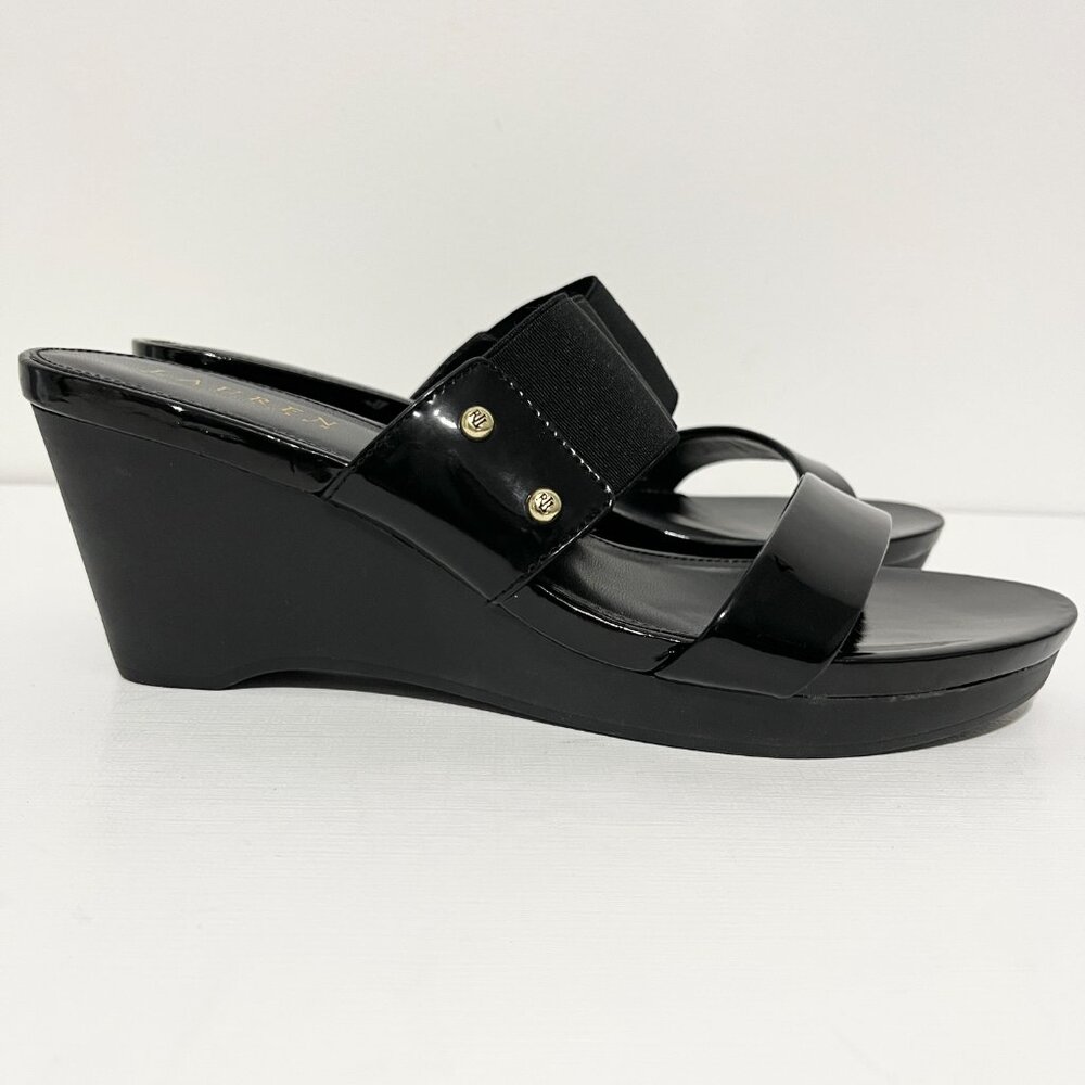 LRL Ralph Lauren Womens Y2K Rhianna Wedge Sandals Slides 9B Black Patent Leather